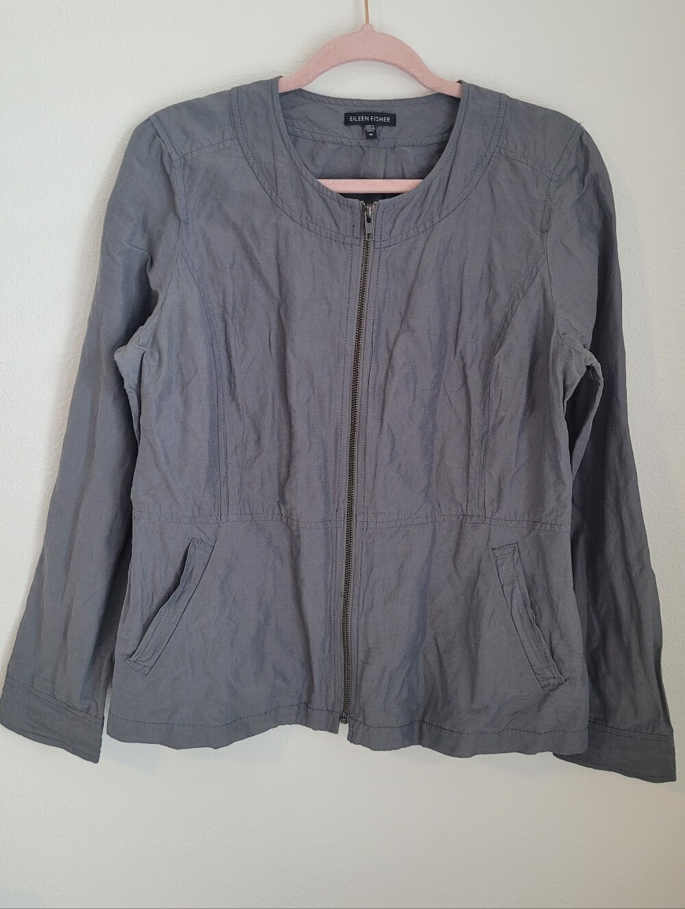 Eileen Fisher Grey Cotton Metallic Zip Front Light Jacket Collarless Utility M
